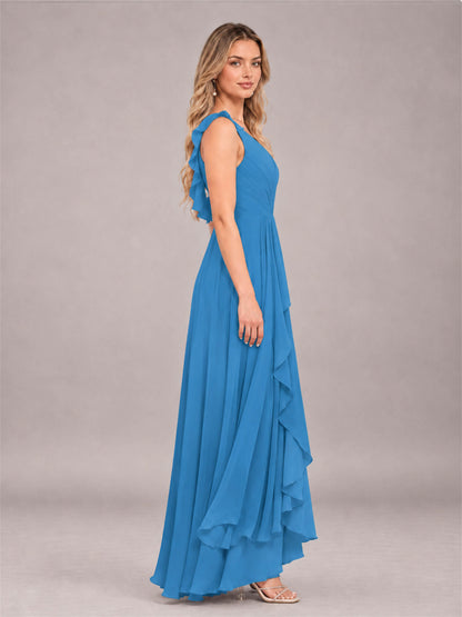Blue Modern V-Neck Sleeveless Ruffles Floor Length Bridesmaid Dress
