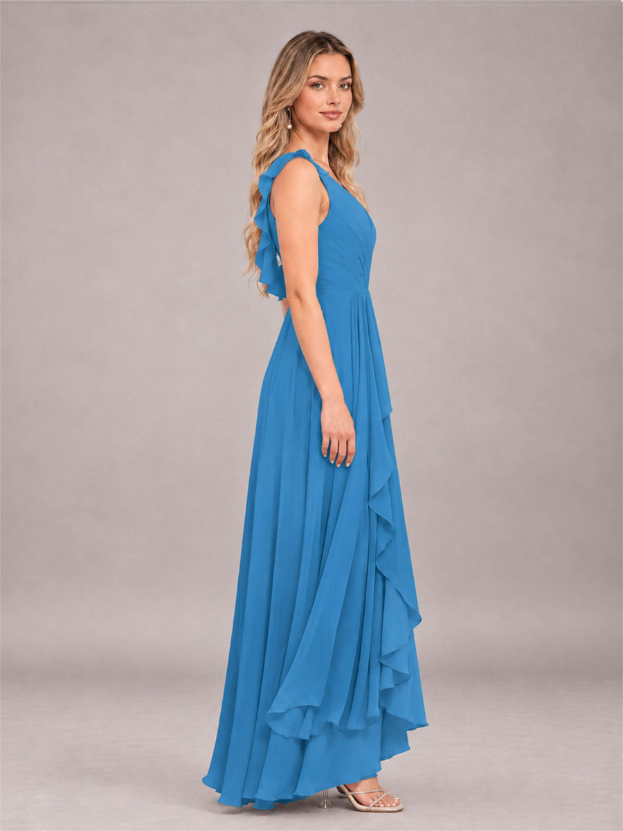 Blue Modern V-Neck Sleeveless Ruffles Floor Length Bridesmaid Dress