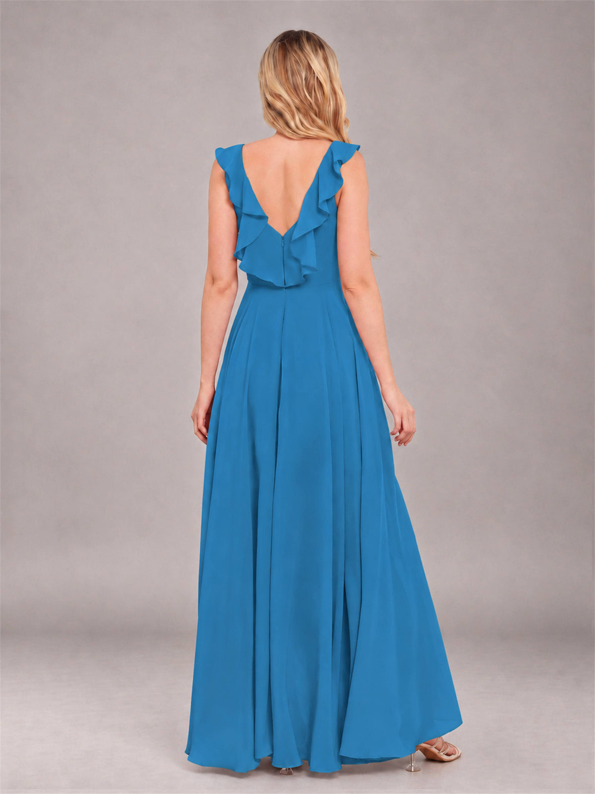 Blue Modern V-Neck Sleeveless Ruffles Floor Length Bridesmaid Dress