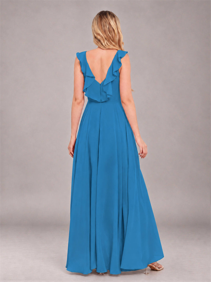 Blue Modern V-Neck Sleeveless Ruffles Floor Length Bridesmaid Dress