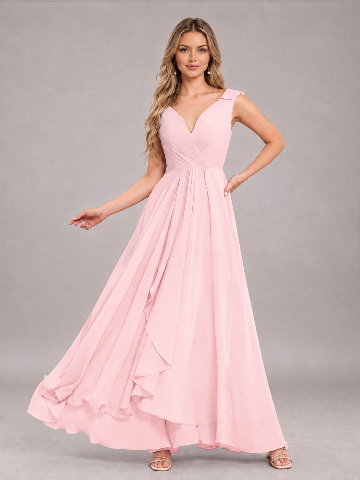 Blush Pink Modern V-Neck Sleeveless Ruffles Floor Length Bridesmaid Dress