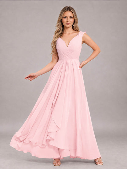 Blush Pink Modern V-Neck Sleeveless Ruffles Floor Length Bridesmaid Dress
