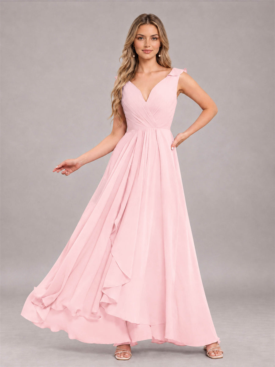 Blush Pink Modern V-Neck Sleeveless Ruffles Floor Length Bridesmaid Dress