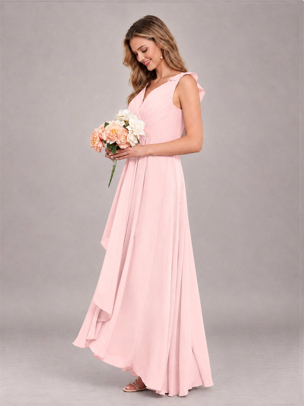 Blush Pink Modern V-Neck Sleeveless Ruffles Floor Length Bridesmaid Dress