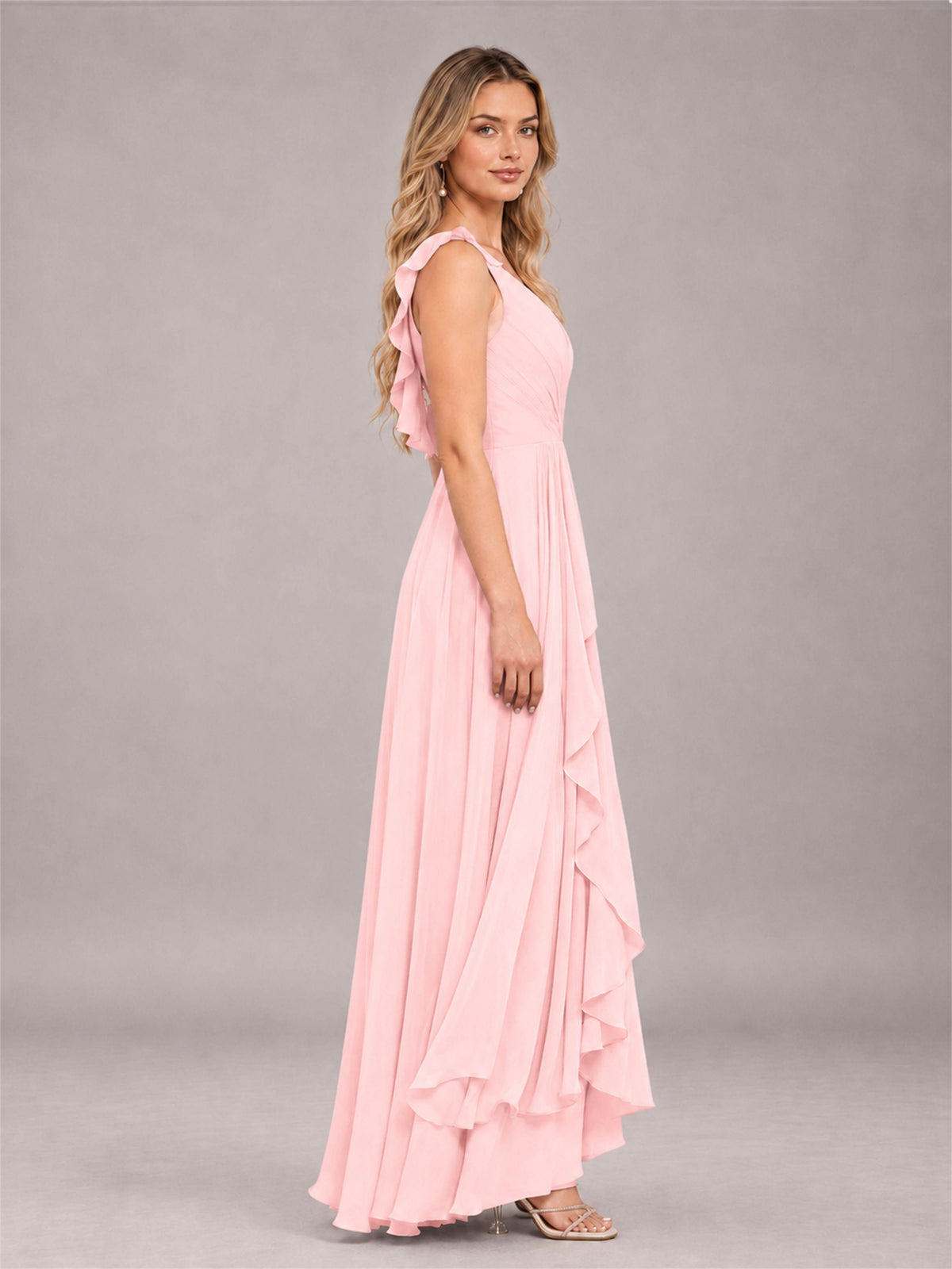 Blush Pink Modern V-Neck Sleeveless Ruffles Floor Length Bridesmaid Dress