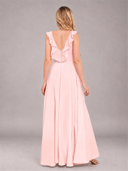 Blush Pink Modern V-Neck Sleeveless Ruffles Floor Length Bridesmaid Dress