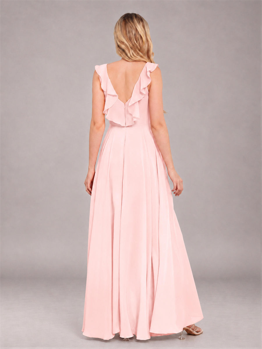 Blush Pink Modern V-Neck Sleeveless Ruffles Floor Length Bridesmaid Dress