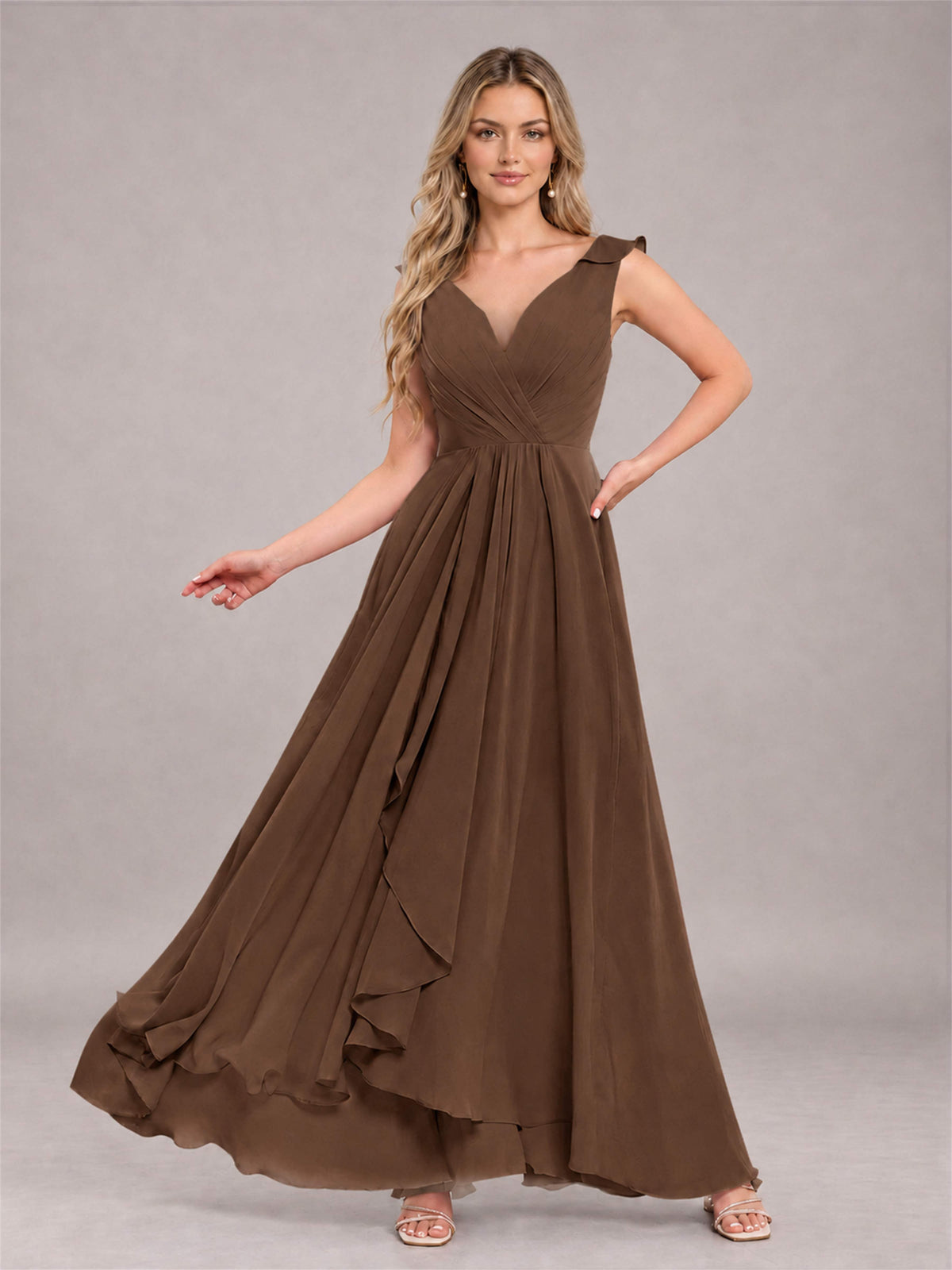 Brown Modern V-Neck Sleeveless Ruffles Floor Length Bridesmaid Dress