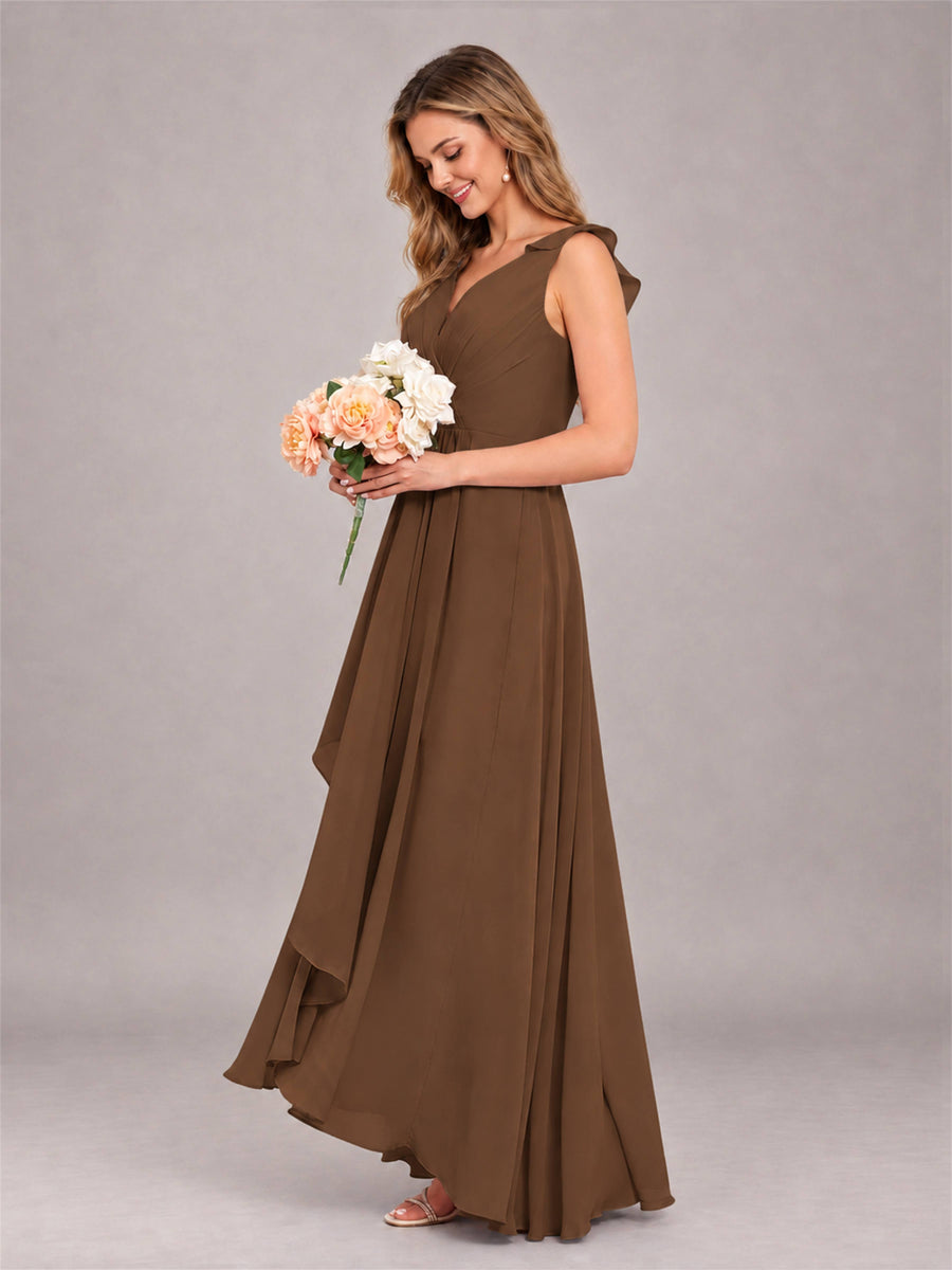 Brown Modern V-Neck Sleeveless Ruffles Floor Length Bridesmaid Dress