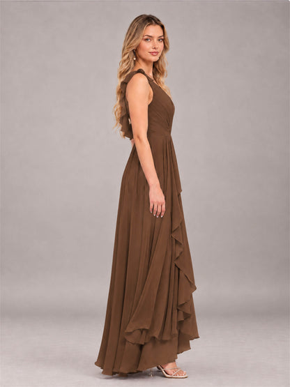Brown Modern V-Neck Sleeveless Ruffles Floor Length Bridesmaid Dress