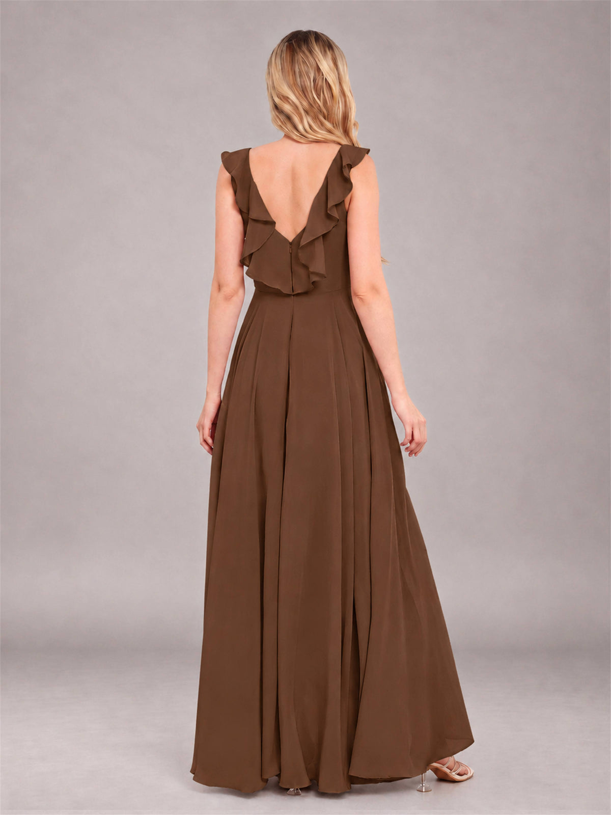 Brown Modern V-Neck Sleeveless Ruffles Floor Length Bridesmaid Dress