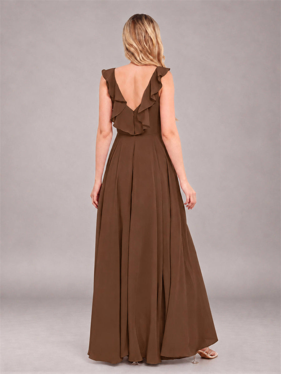 Brown Modern V-Neck Sleeveless Ruffles Floor Length Bridesmaid Dress