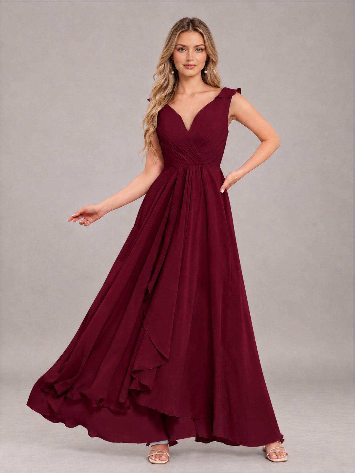 Burgundy Modern V-Neck Sleeveless Ruffles Floor Length Bridesmaid Dress