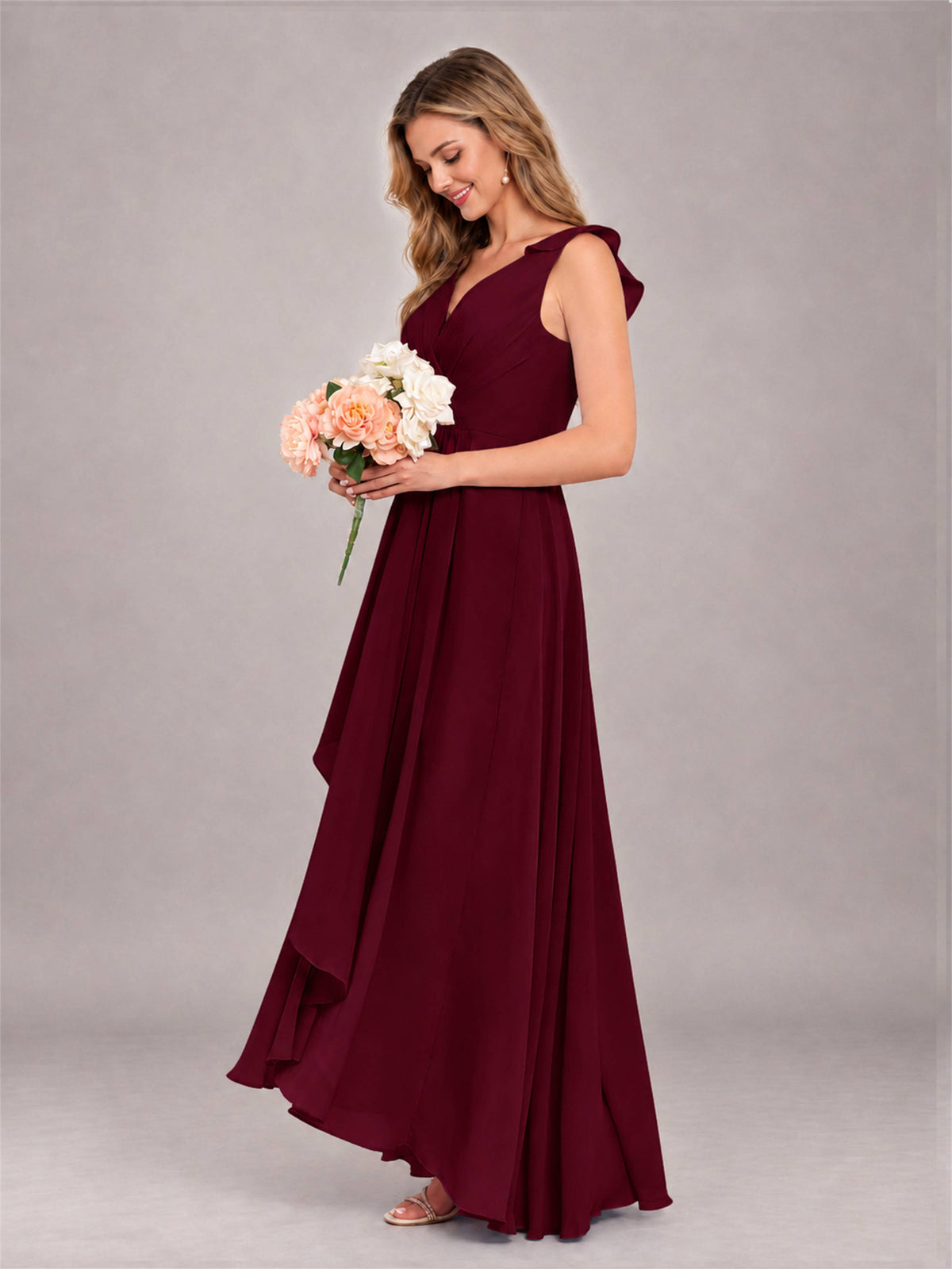 Burgundy Modern V-Neck Sleeveless Ruffles Floor Length Bridesmaid Dress