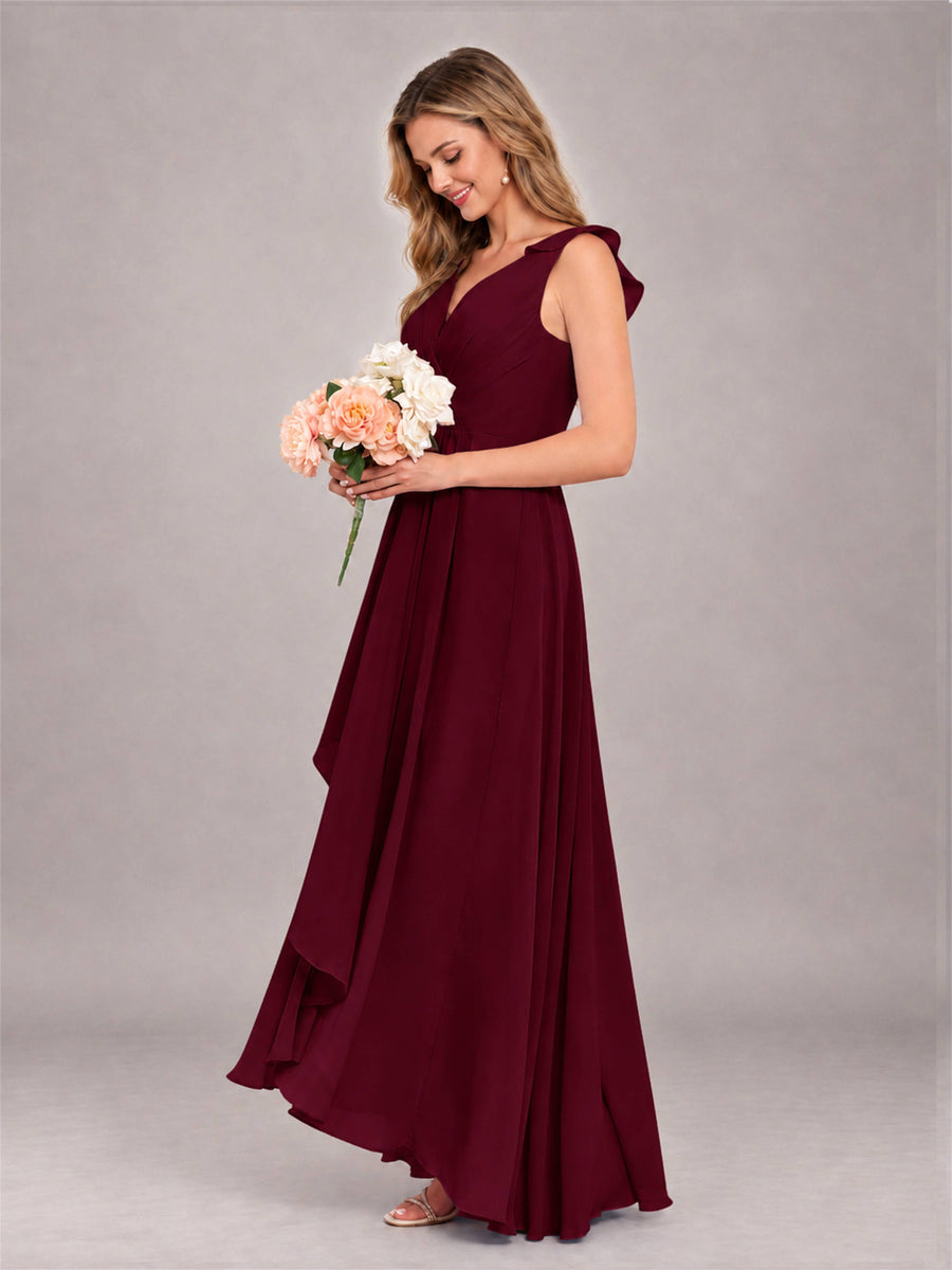 Burgundy Modern V-Neck Sleeveless Ruffles Floor Length Bridesmaid Dress