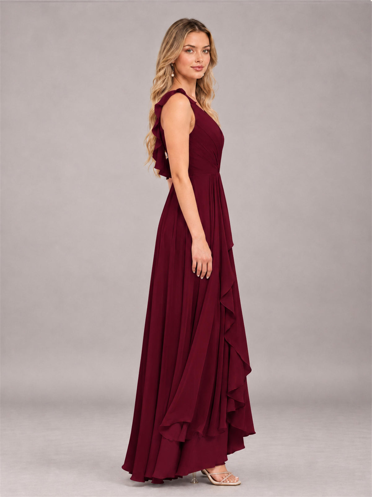 Burgundy Modern V-Neck Sleeveless Ruffles Floor Length Bridesmaid Dress
