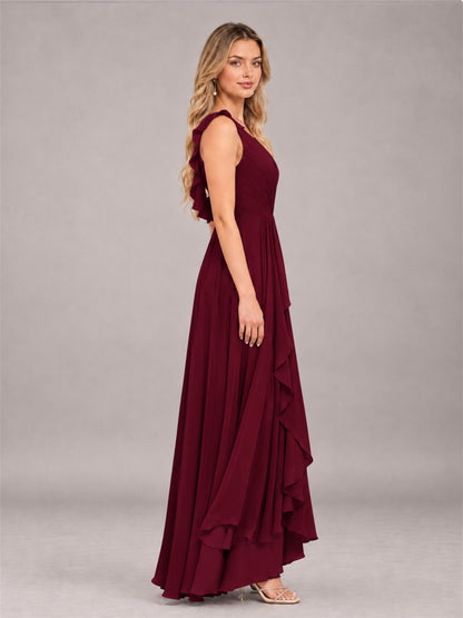 Burgundy Modern V-Neck Sleeveless Ruffles Floor Length Bridesmaid Dress