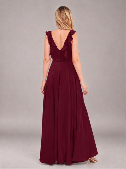 Burgundy Modern V-Neck Sleeveless Ruffles Floor Length Bridesmaid Dress
