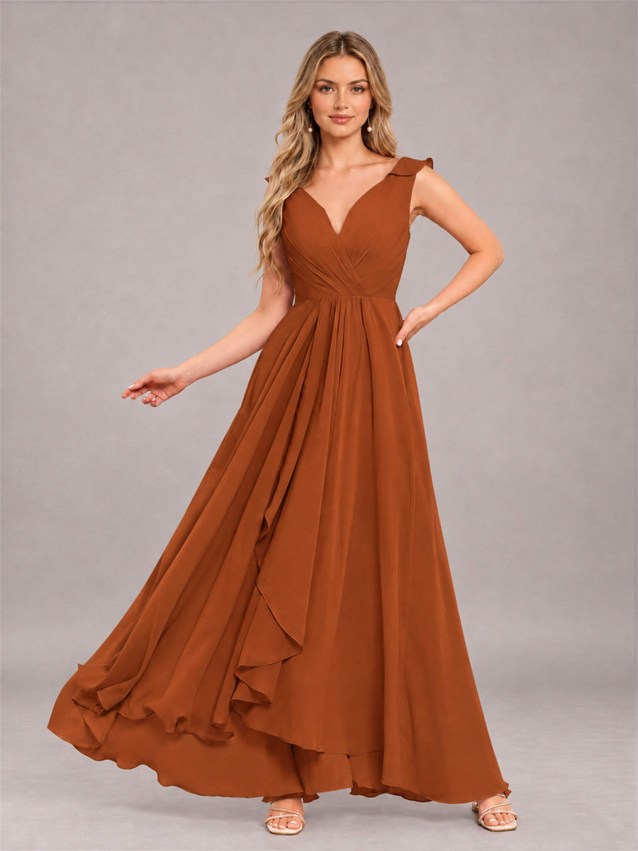 Burnt Orange Modern V-Neck Sleeveless Ruffles Floor Length Bridesmaid Dress
