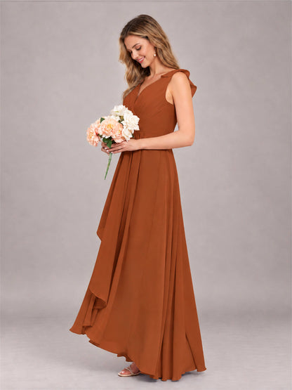Burnt Orange Modern V-Neck Sleeveless Ruffles Floor Length Bridesmaid Dress