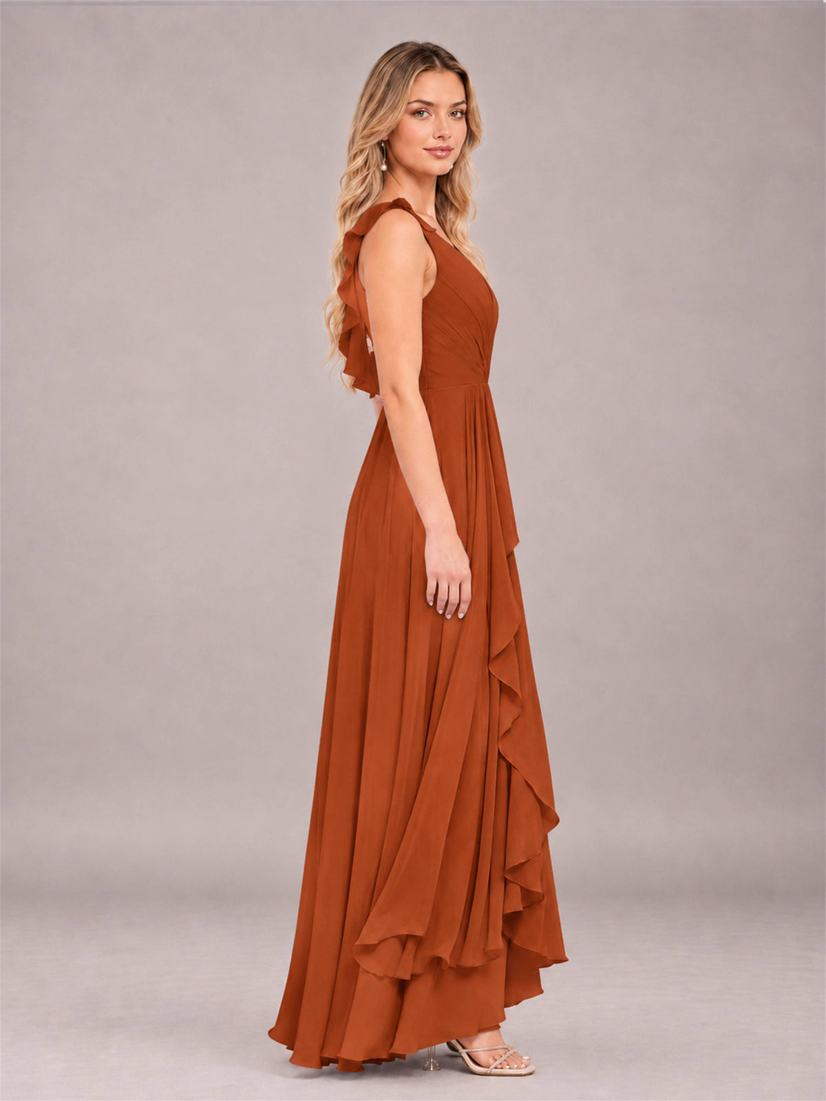 Burnt Orange Modern V-Neck Sleeveless Ruffles Floor Length Bridesmaid Dress