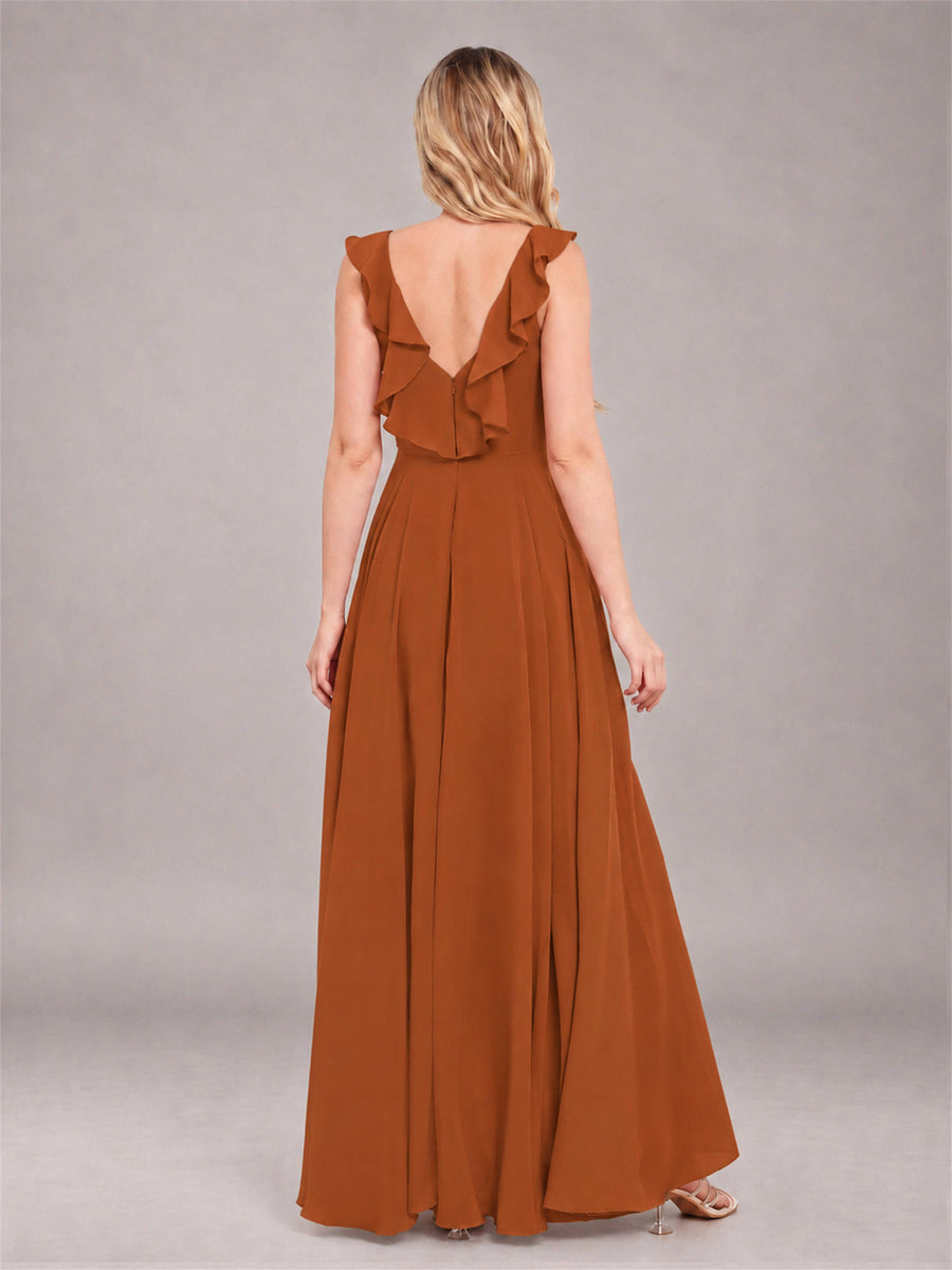 Burnt Orange Modern V-Neck Sleeveless Ruffles Floor Length Bridesmaid Dress