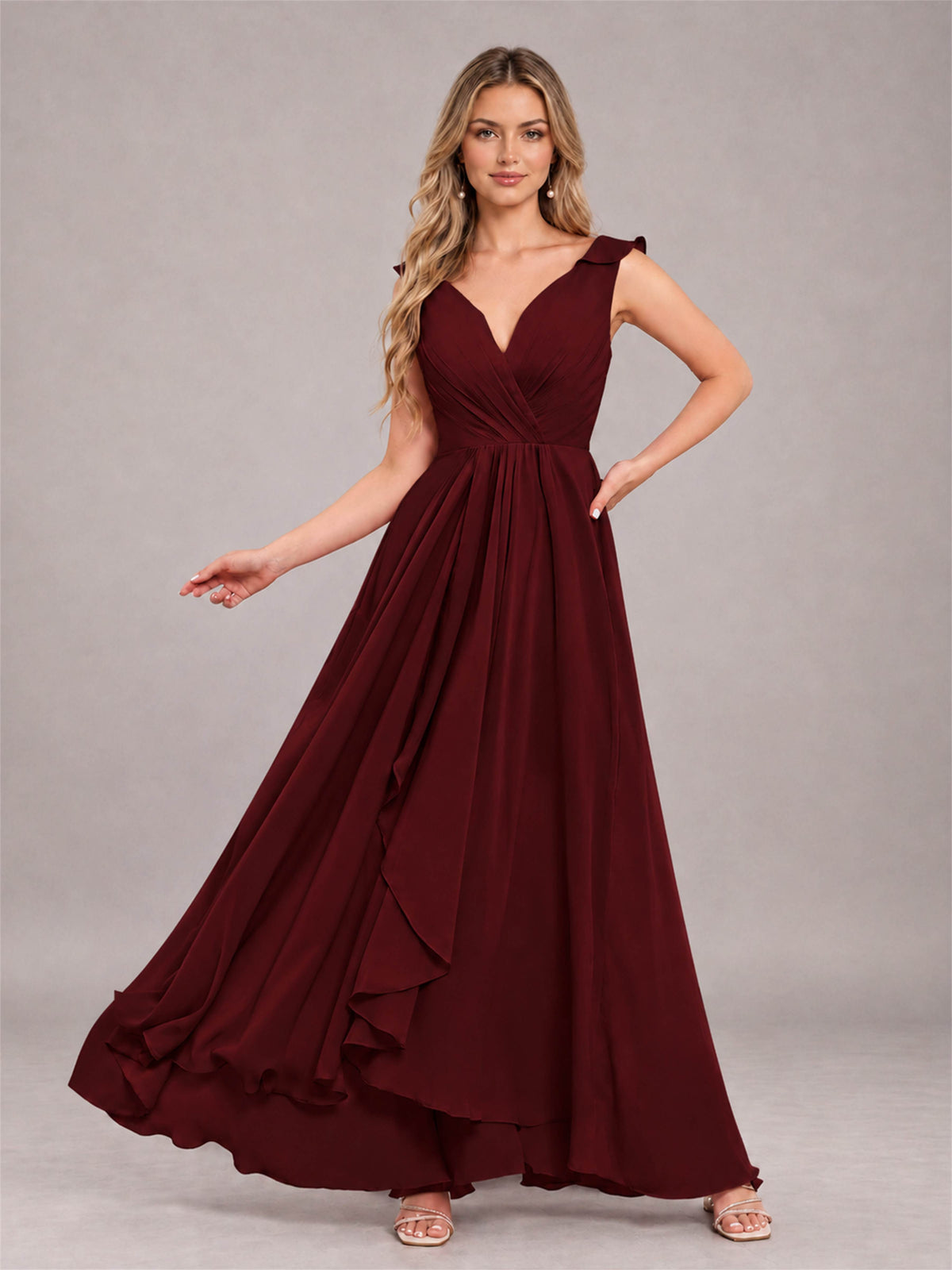 Cabernet Modern V-Neck Sleeveless Ruffles Floor Length Bridesmaid Dress