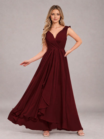 Cabernet Modern V-Neck Sleeveless Ruffles Floor Length Bridesmaid Dress
