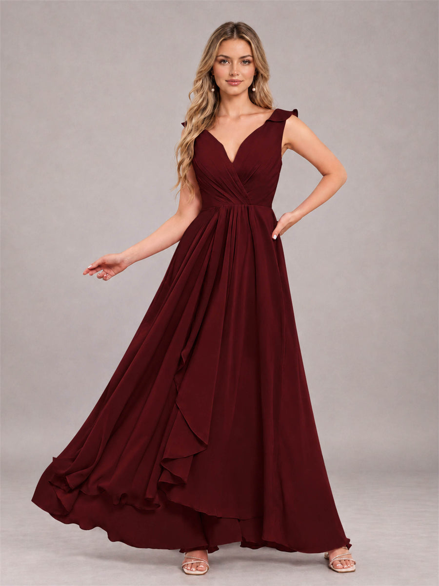 Cabernet Modern V-Neck Sleeveless Ruffles Floor Length Bridesmaid Dress