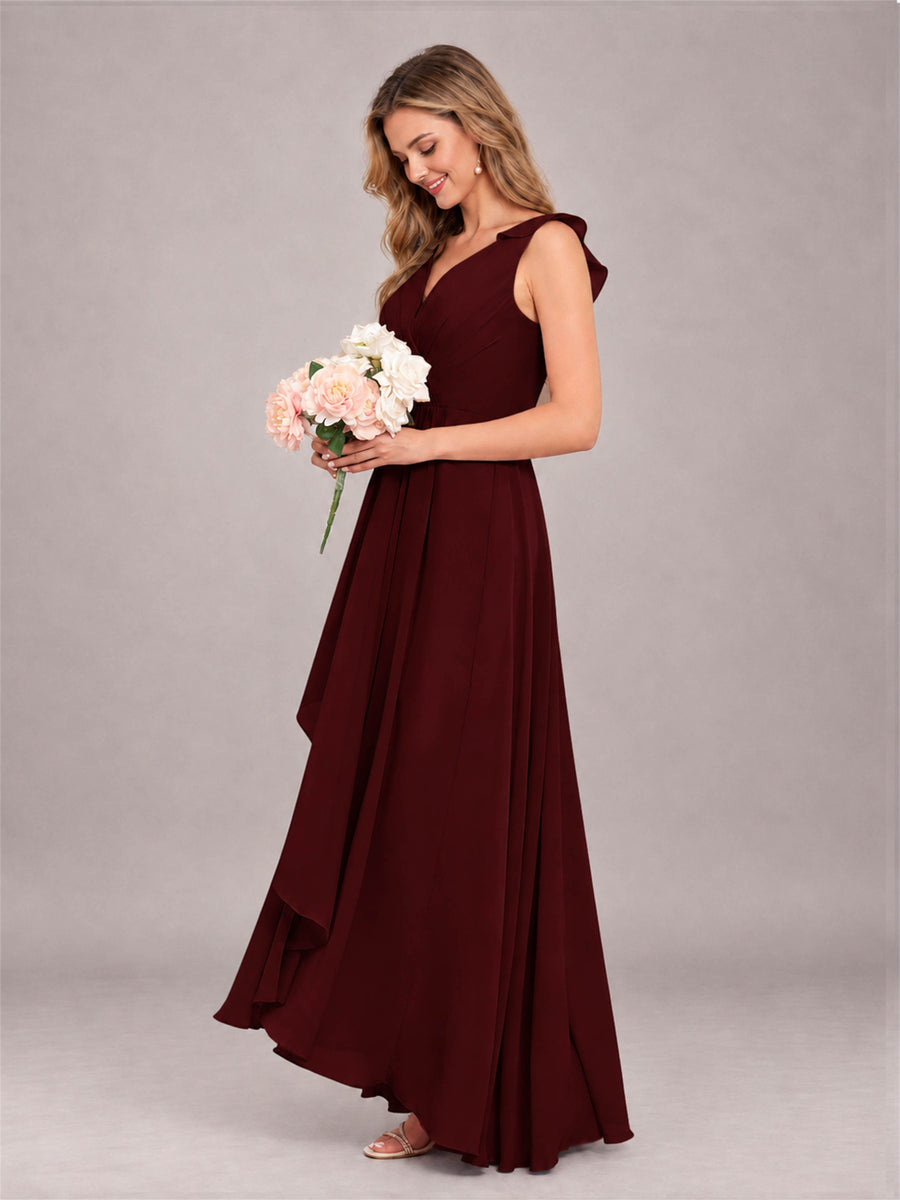 Cabernet Modern V-Neck Sleeveless Ruffles Floor Length Bridesmaid Dress