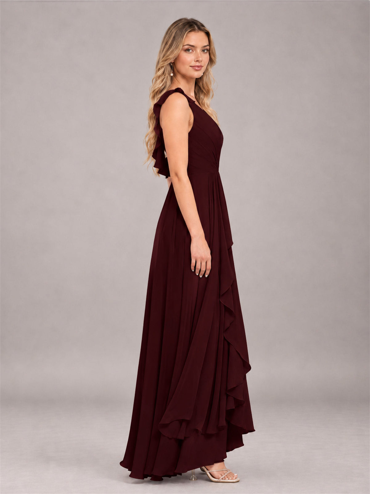 Cabernet Modern V-Neck Sleeveless Ruffles Floor Length Bridesmaid Dress
