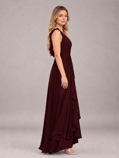 Cabernet Modern V-Neck Sleeveless Ruffles Floor Length Bridesmaid Dress