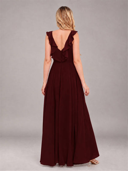 Cabernet Modern V-Neck Sleeveless Ruffles Floor Length Bridesmaid Dress