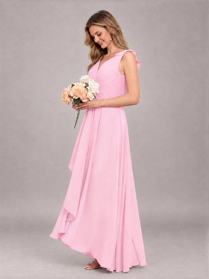 Candy Pink Modern V-Neck Sleeveless Ruffles Floor Length Bridesmaid Dress