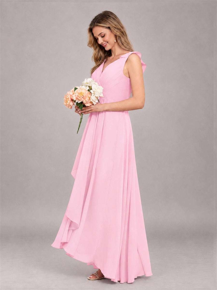 Candy Pink Modern V-Neck Sleeveless Ruffles Floor Length Bridesmaid Dress