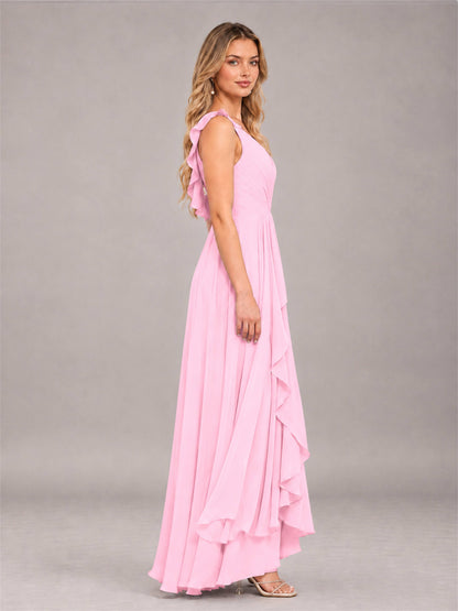 Candy Pink Modern V-Neck Sleeveless Ruffles Floor Length Bridesmaid Dress