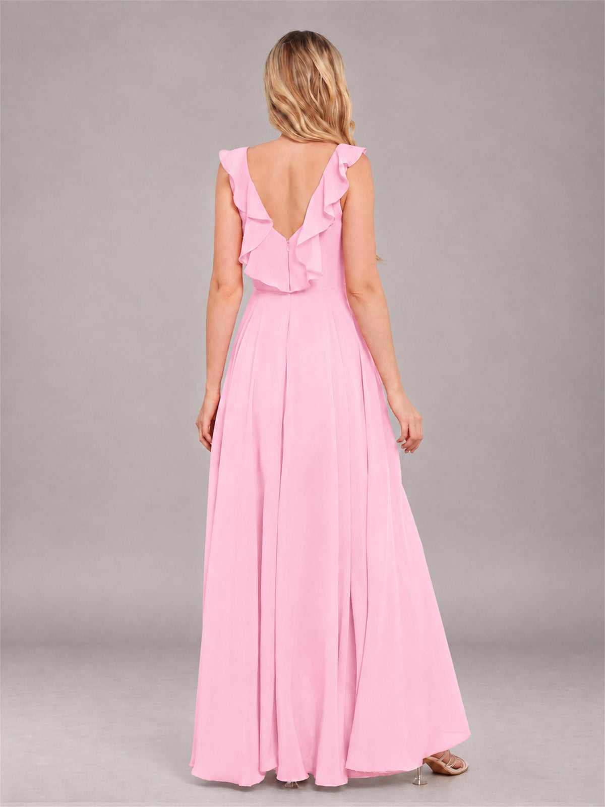 Candy Pink Modern V-Neck Sleeveless Ruffles Floor Length Bridesmaid Dress