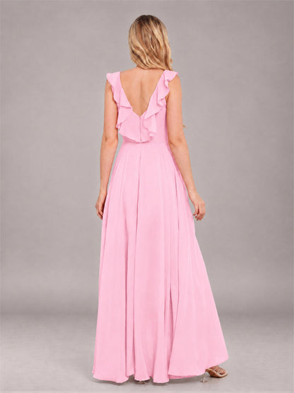 Candy Pink Modern V-Neck Sleeveless Ruffles Floor Length Bridesmaid Dress