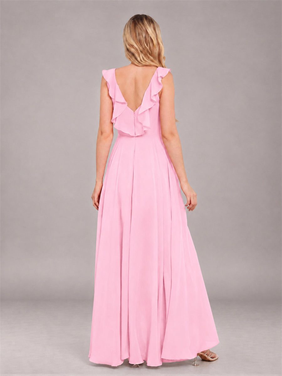 Candy Pink Modern V-Neck Sleeveless Ruffles Floor Length Bridesmaid Dress