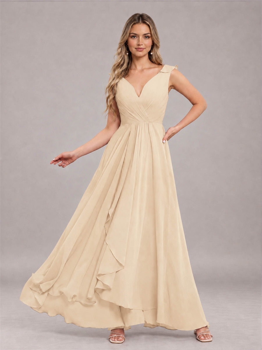 Champagne Modern V-Neck Sleeveless Ruffles Floor Length Bridesmaid Dress