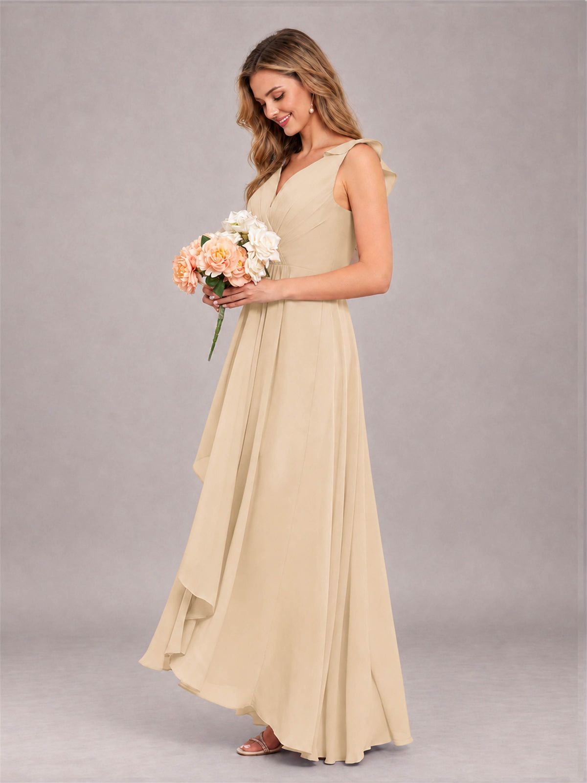 Champagne Modern V-Neck Sleeveless Ruffles Floor Length Bridesmaid Dress