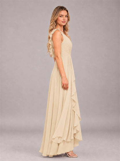 Champagne Modern V-Neck Sleeveless Ruffles Floor Length Bridesmaid Dress