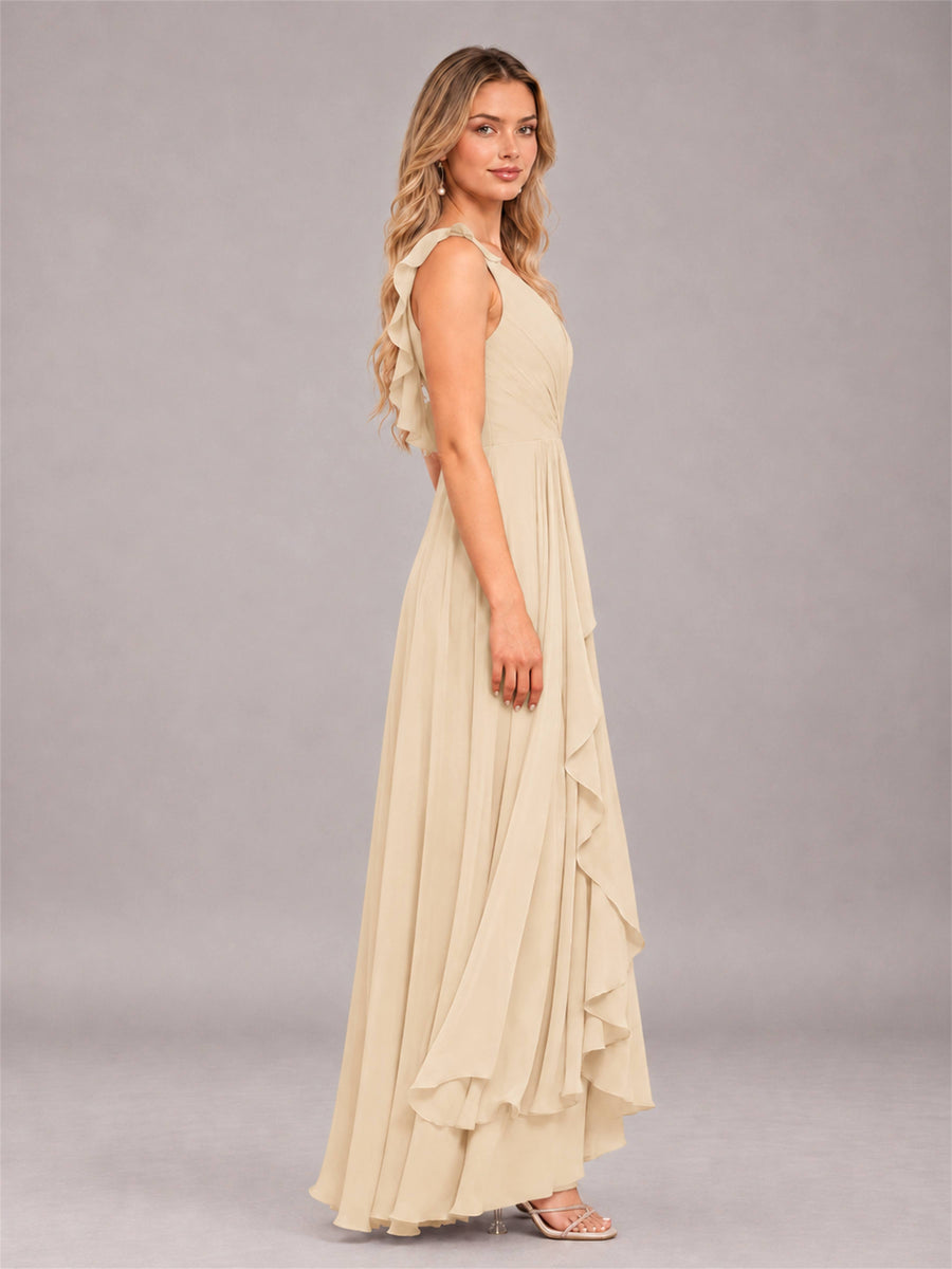 Champagne Modern V-Neck Sleeveless Ruffles Floor Length Bridesmaid Dress