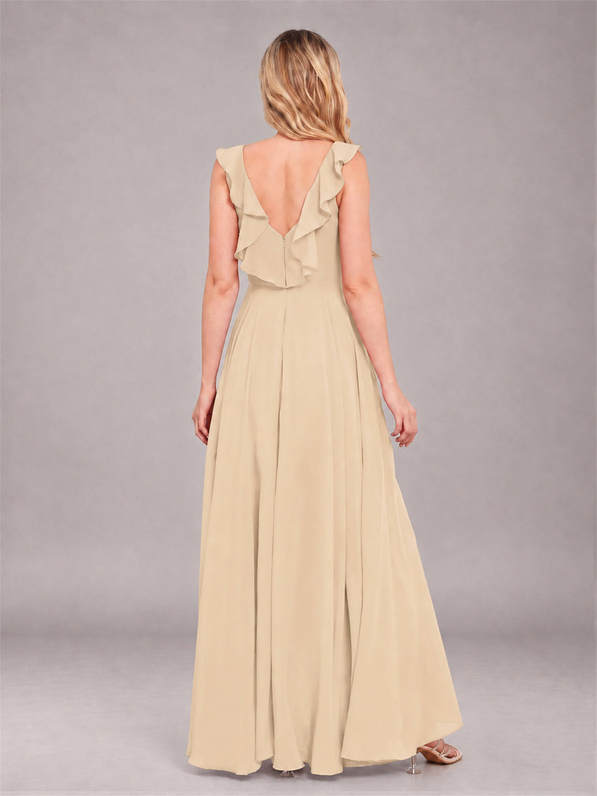 Champagne Modern V-Neck Sleeveless Ruffles Floor Length Bridesmaid Dress