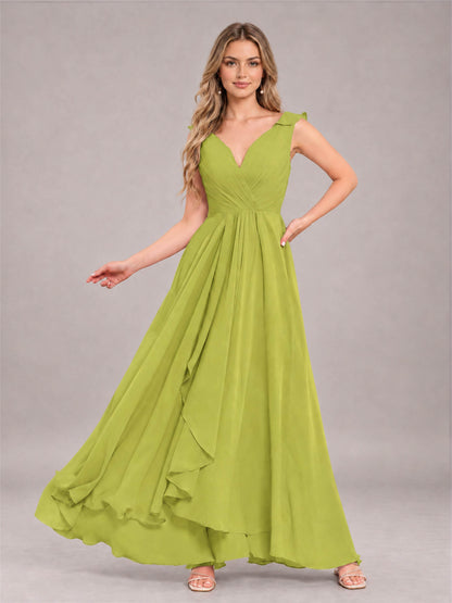 Chartreuse Modern V-Neck Sleeveless Ruffles Floor Length Bridesmaid Dress