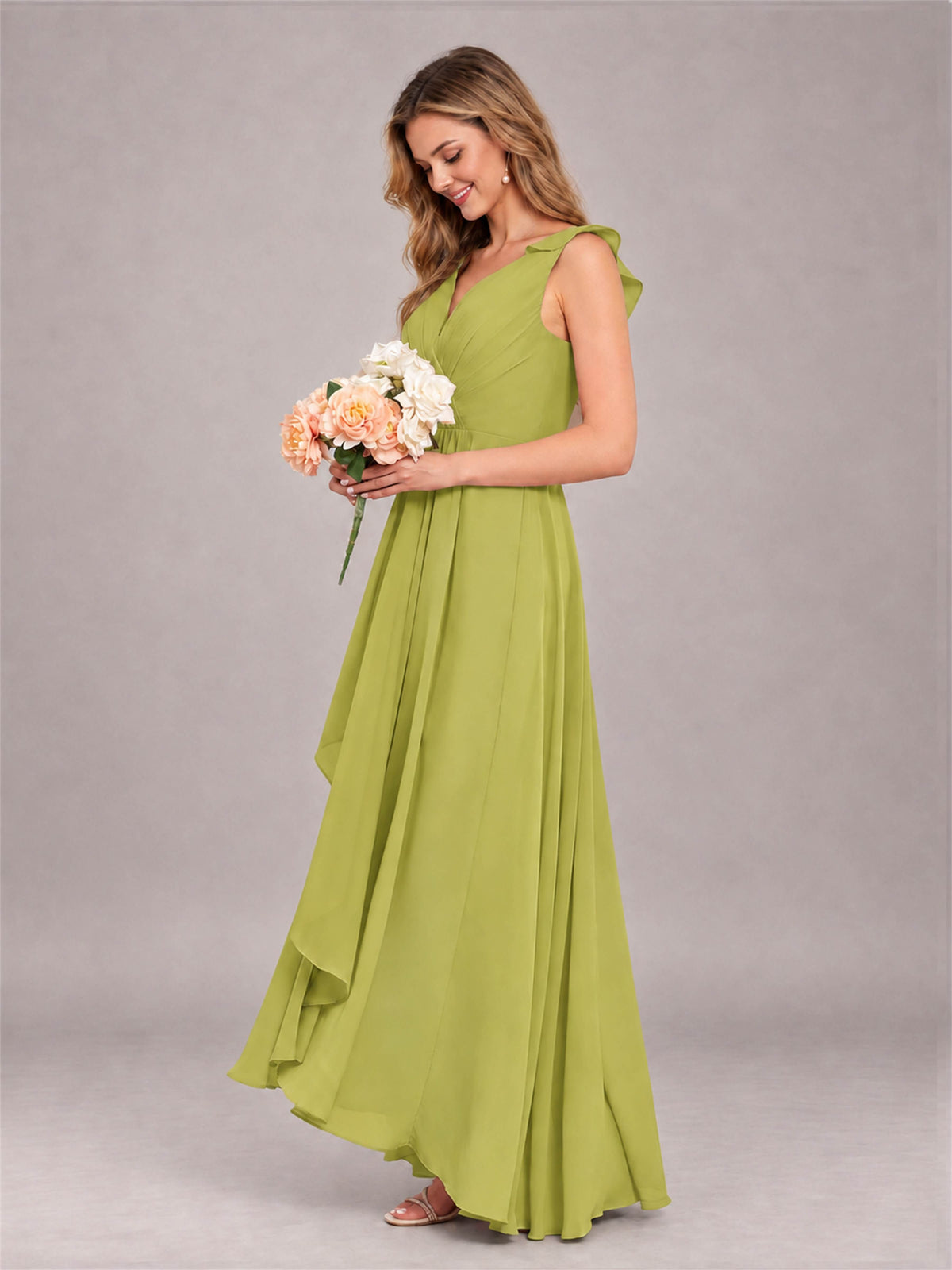 Chartreuse Modern V-Neck Sleeveless Ruffles Floor Length Bridesmaid Dress