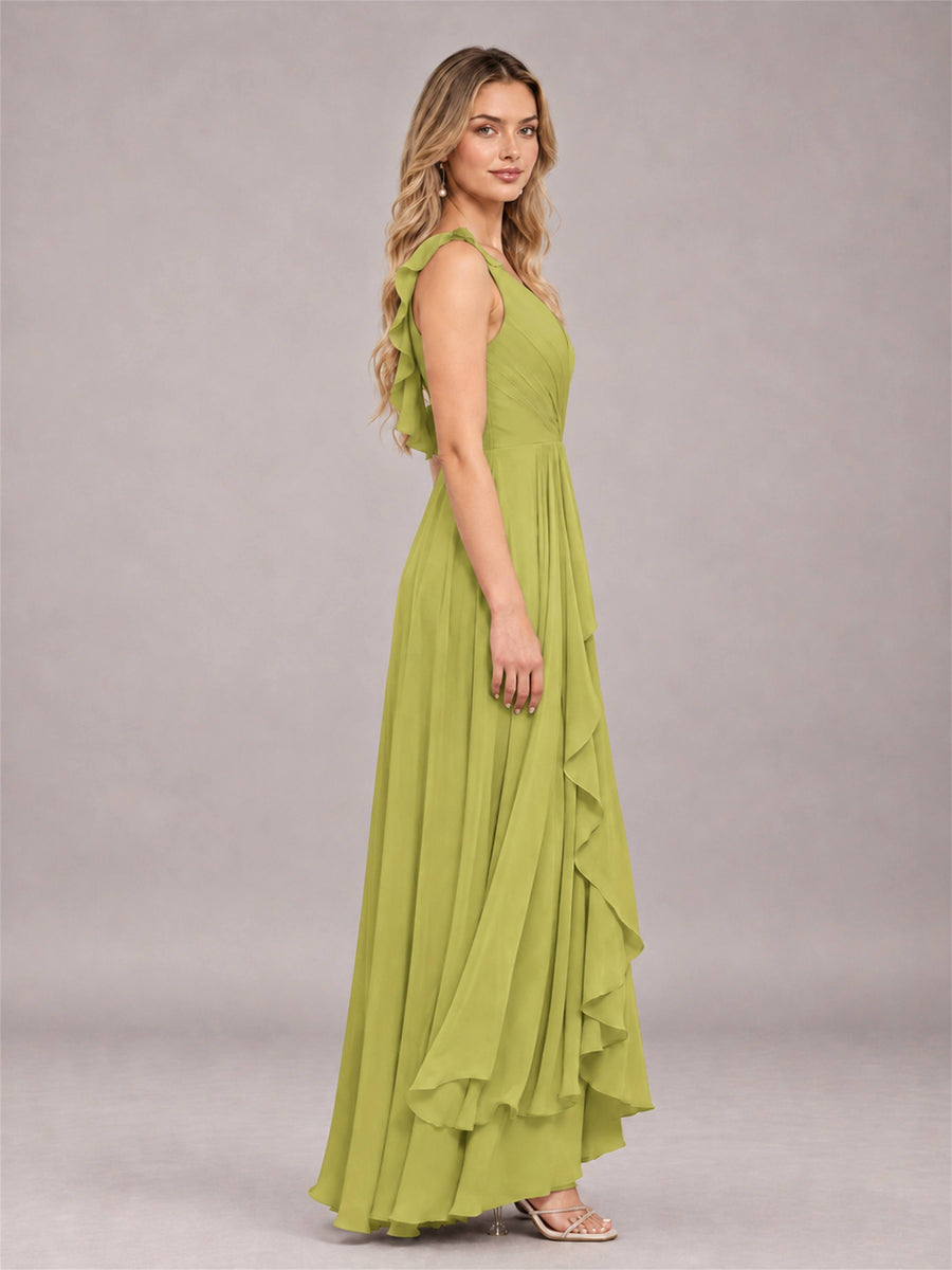 Chartreuse Modern V-Neck Sleeveless Ruffles Floor Length Bridesmaid Dress