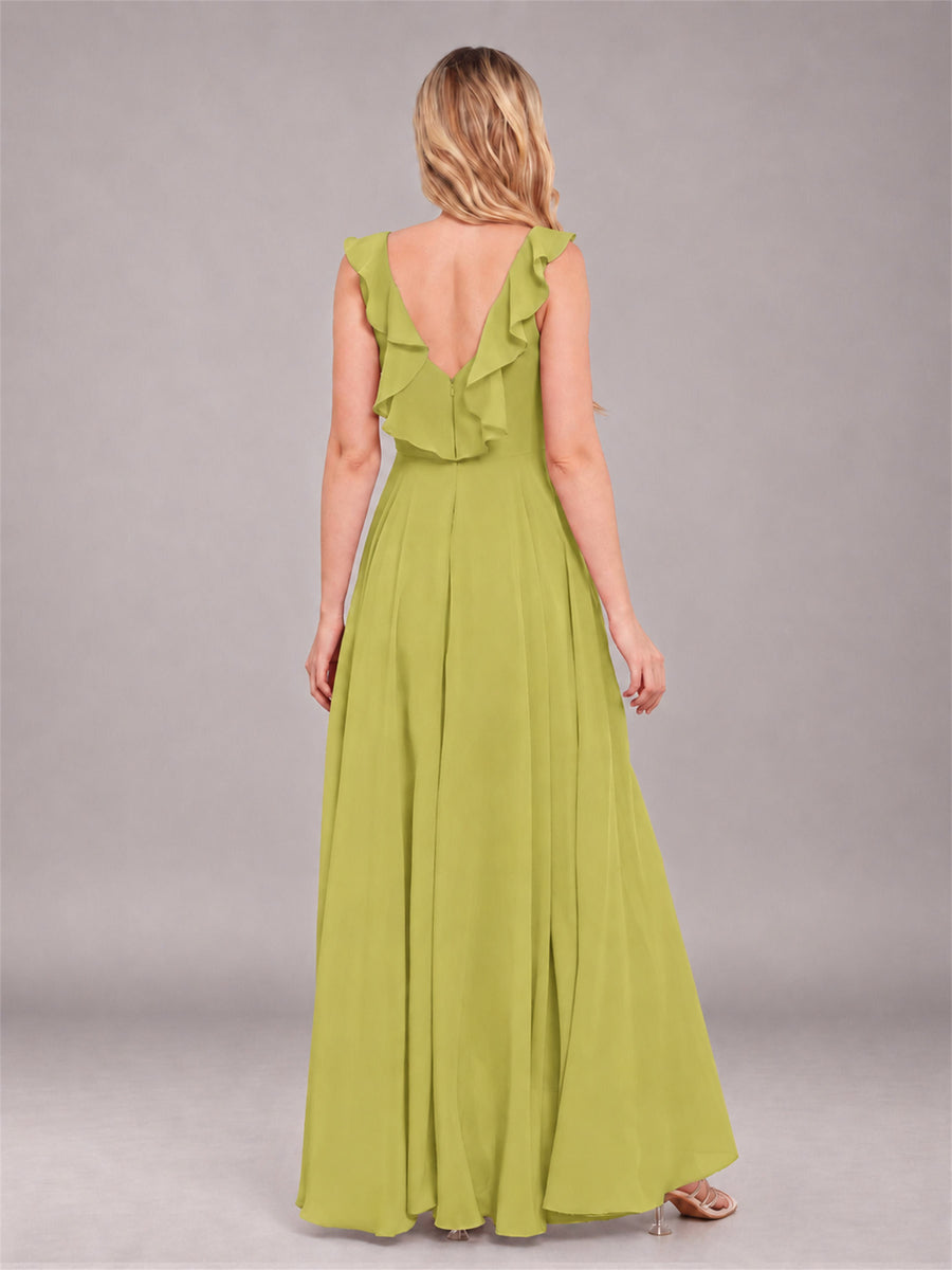 Chartreuse Modern V-Neck Sleeveless Ruffles Floor Length Bridesmaid Dress
