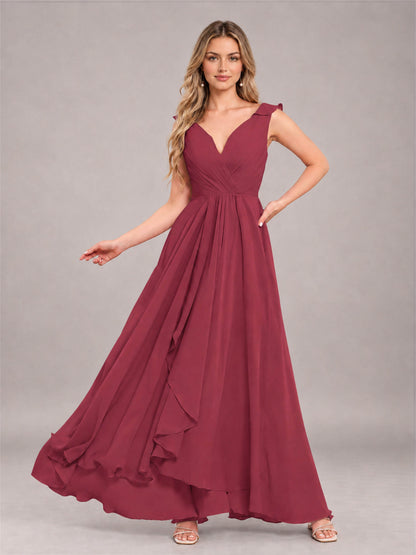 Cinnamon Rose Modern V-Neck Sleeveless Ruffles Floor Length Bridesmaid Dress