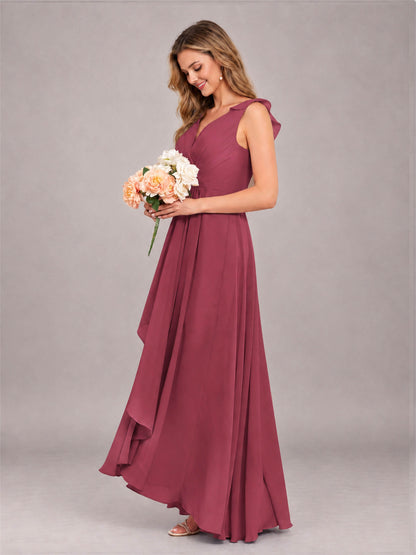 Cinnamon Rose Modern V-Neck Sleeveless Ruffles Floor Length Bridesmaid Dress
